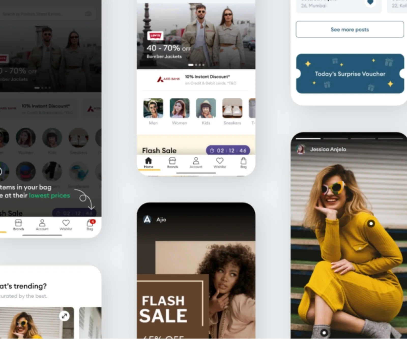 A tilted grid of AJIO fashion app screens: a Levi's flash sale banner, category icons, an Ajio brand story, and a model in a yellow dress