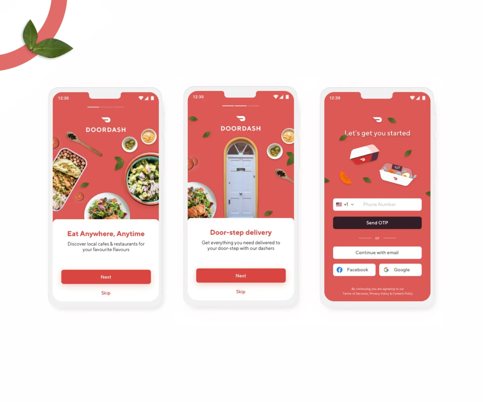 Three DoorDash onboarding and sign-in phone screens: "Eat Anywhere, Anytime," "Door-step delivery," and a phone-number sign-in screen