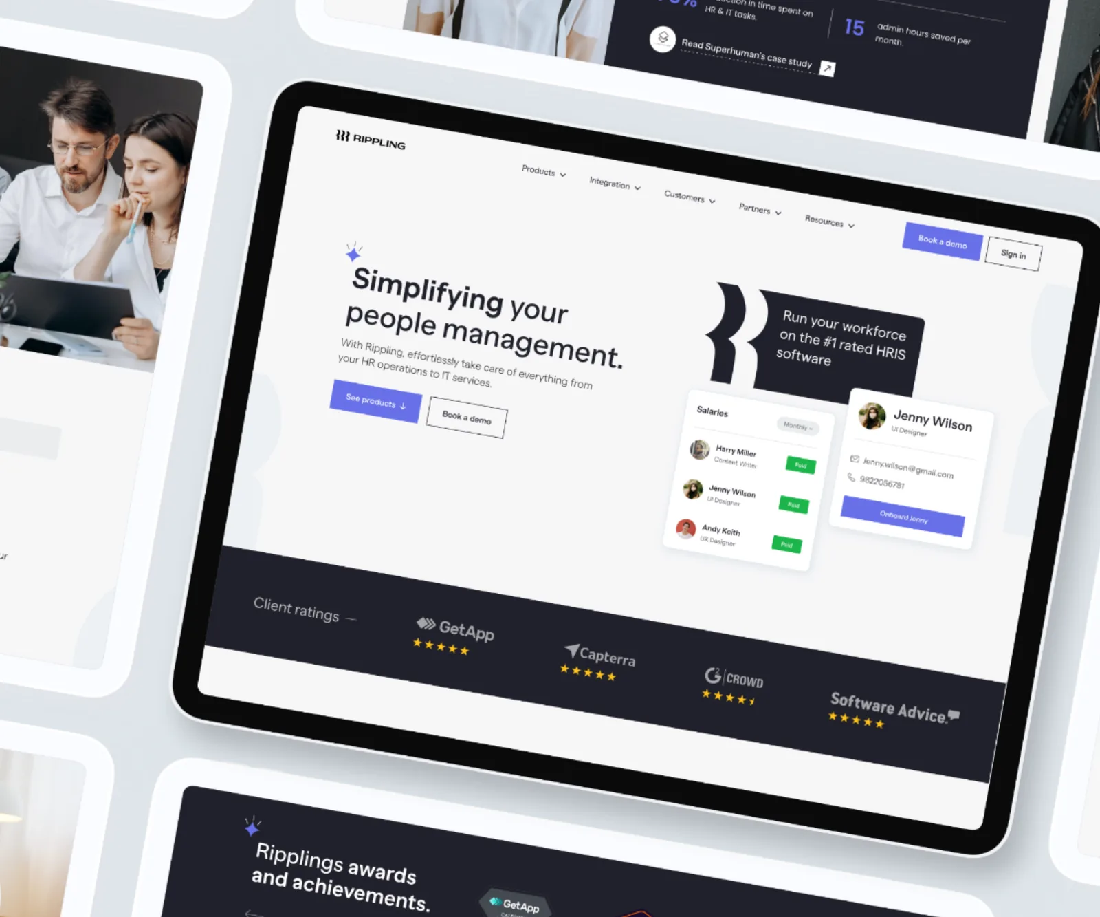 A tilted tablet mockup of the Rippling homepage hero, "Simplifying your people management," surrounded by other page sections and a photo of two people working