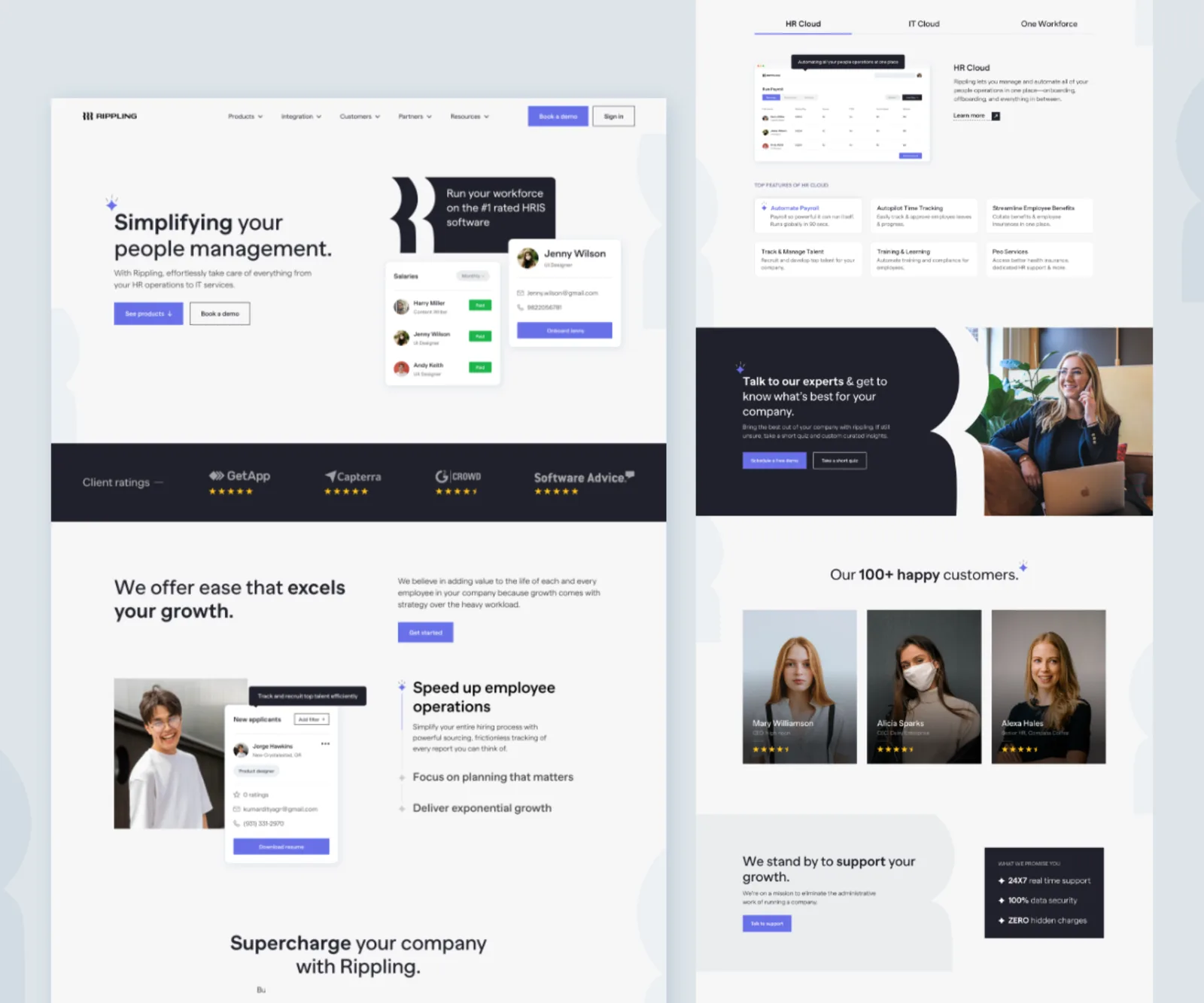 Two Rippling marketing website screens side by side: a "Simplifying your people management" hero, and an "HR Cloud" product tour with feature tiles