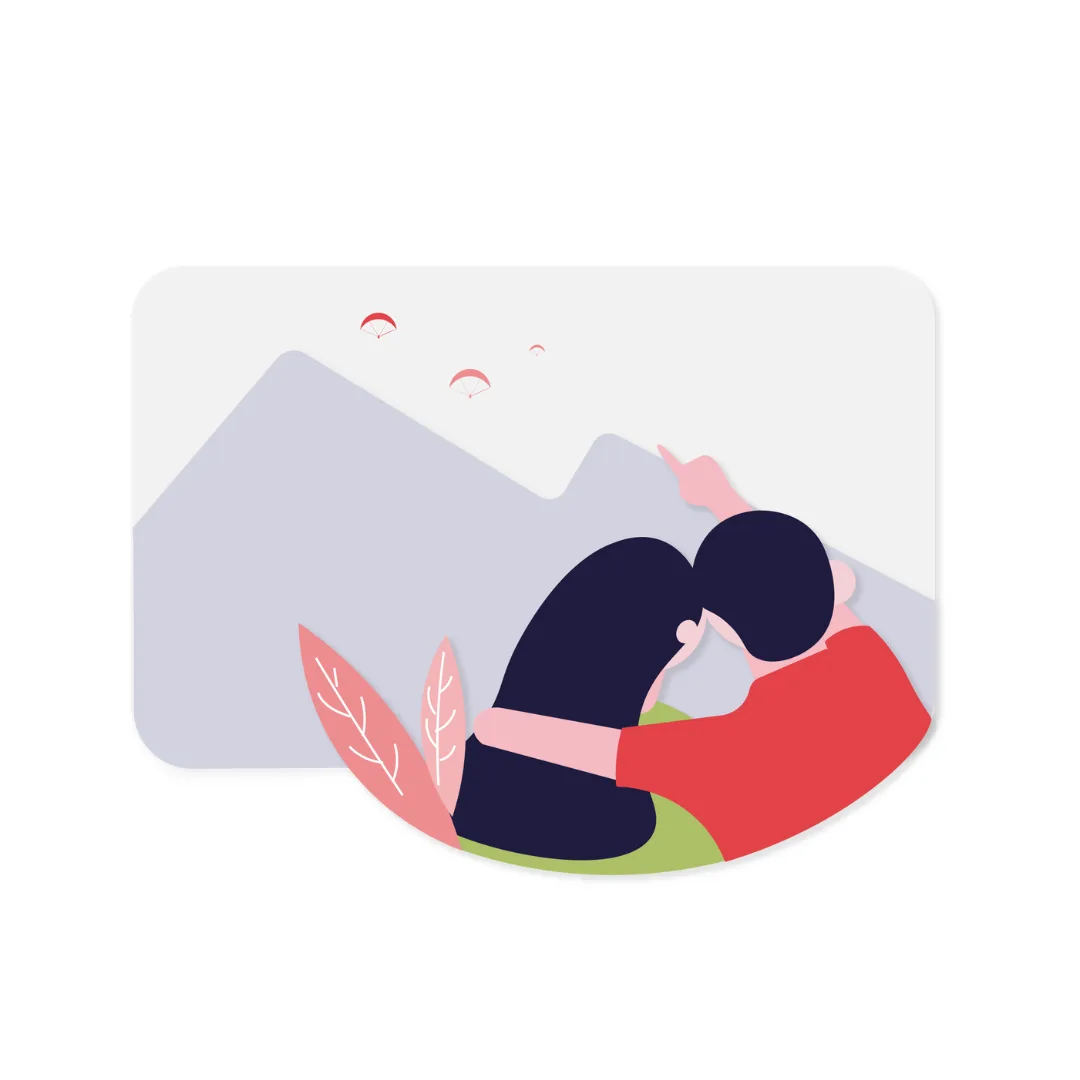 An illustration of two people embracing in front of mountains, with paragliders in the sky