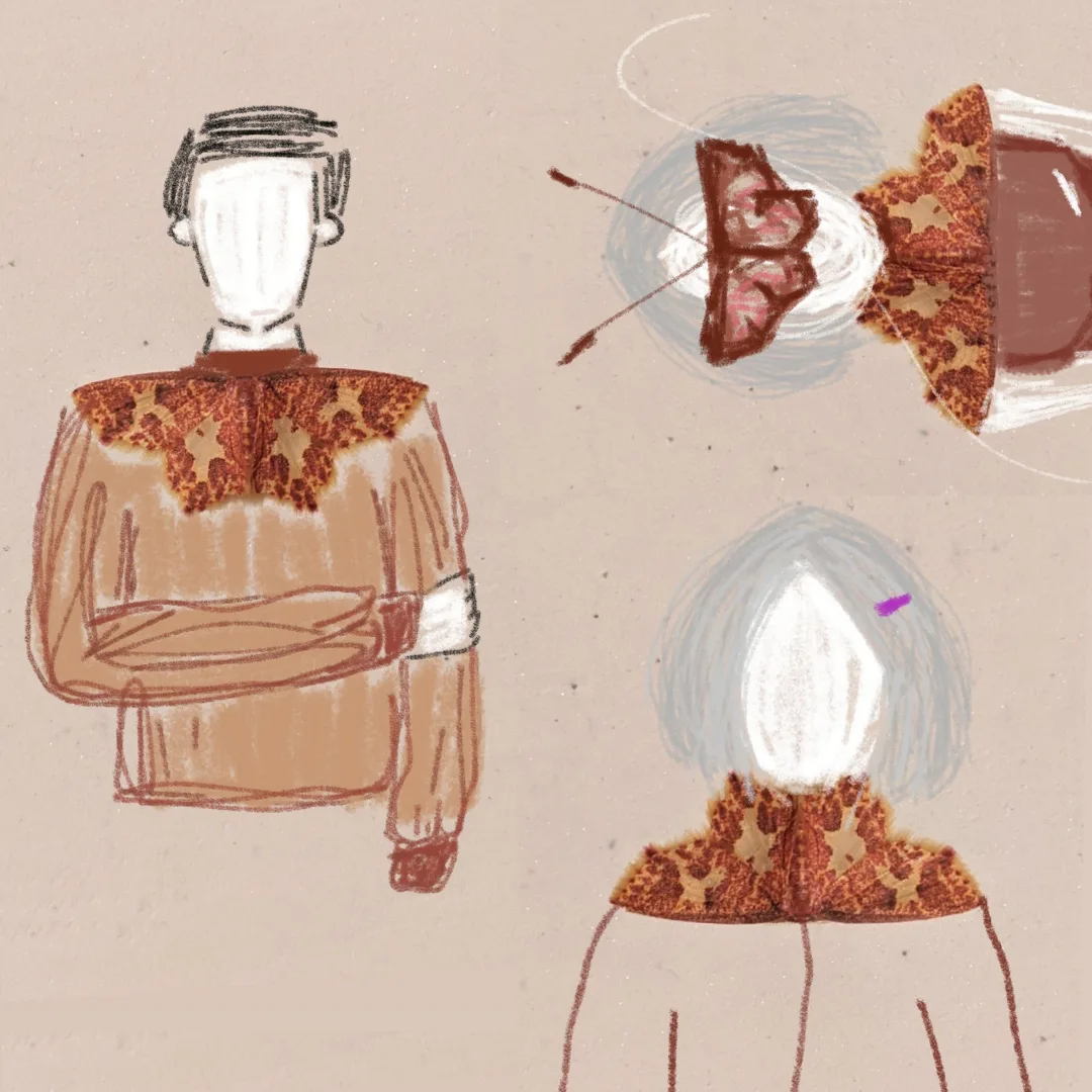 Three sketched studies on a beige background: a faceless person in a moth-collared sweater, a close-up moth, and a faceless figure seen from behind in the same collar