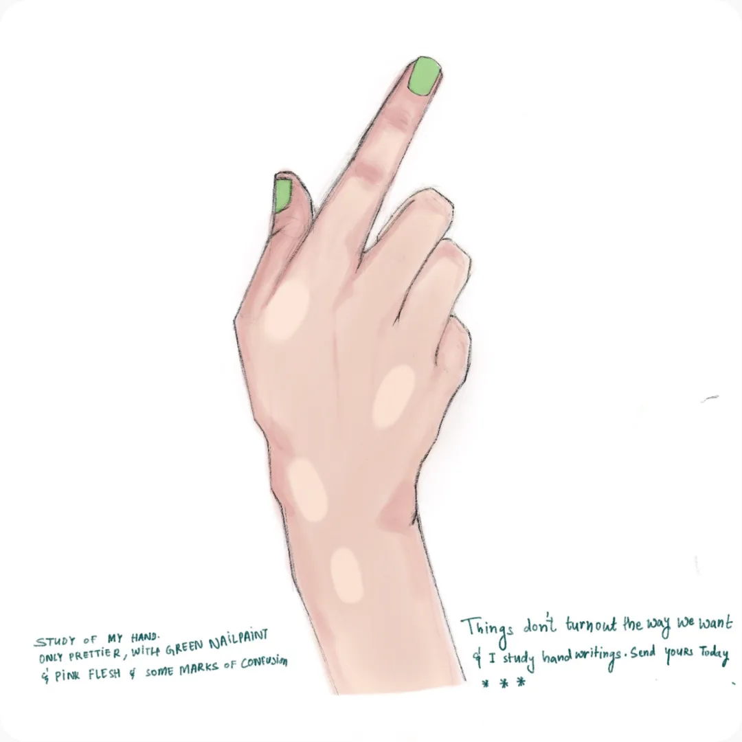 A pencil study of a hand with green-painted nails, captioned "Study of my hand"