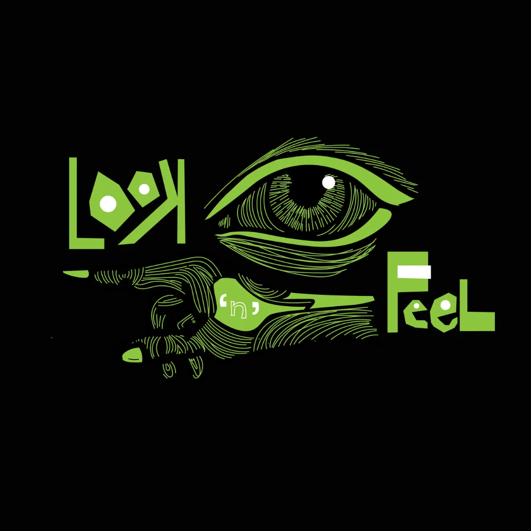 Green line-art logo of a pointing hand and an eye on a black background, reading "Look 'n' Feel"