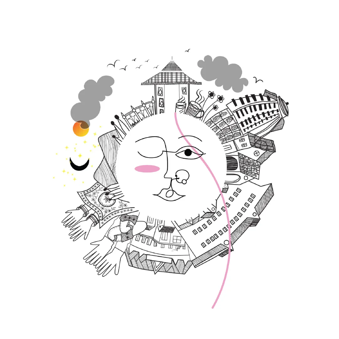 A pen illustration of a face merged with a moon, surrounded by rooftops, birds, hands, and hanging string lights