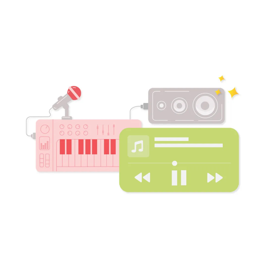 A pastel illustration of a keyboard with a microphone, a speaker, and a music player interface