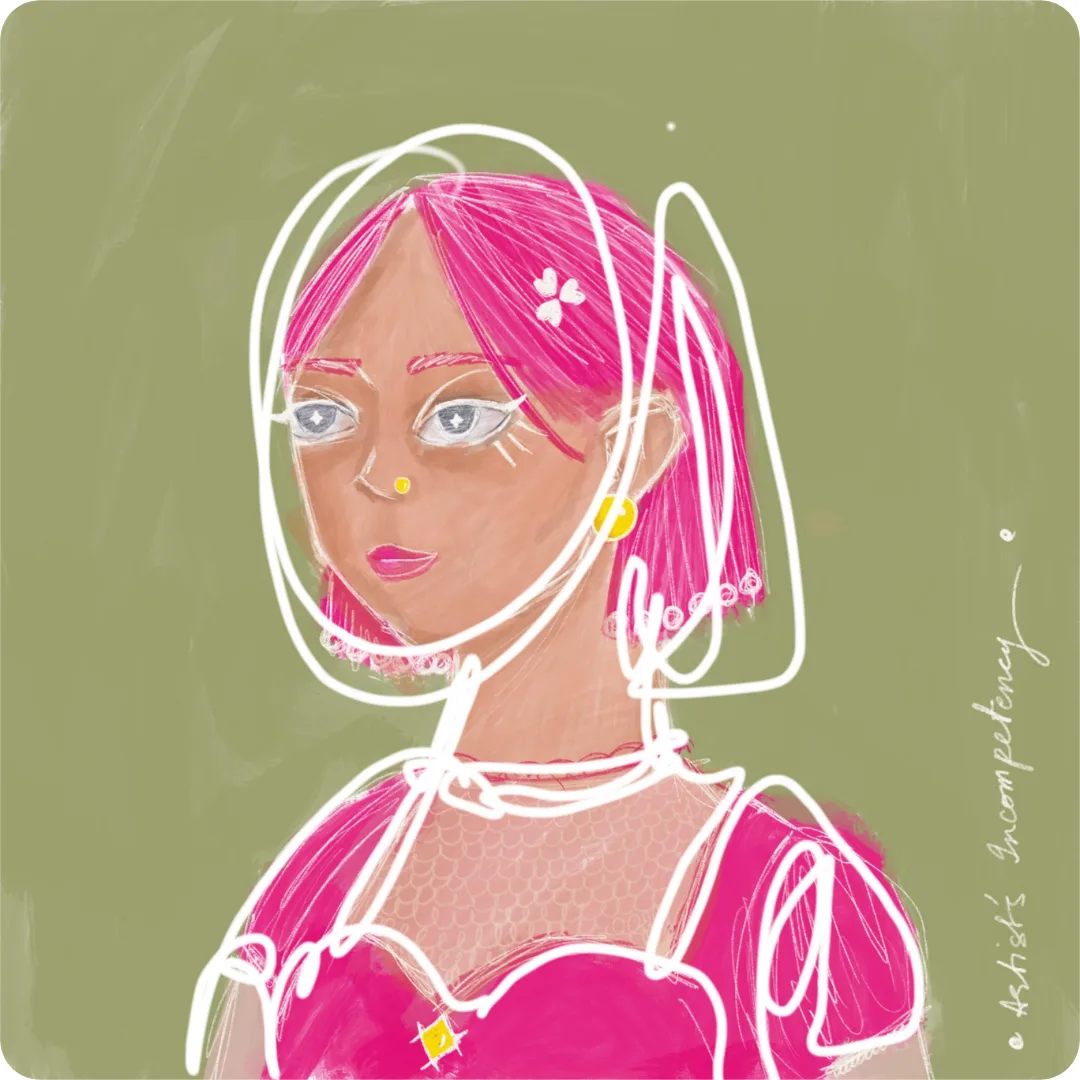 A digital portrait sketch of a person with pink hair and a pink dress, outlined in loose white scribble linework