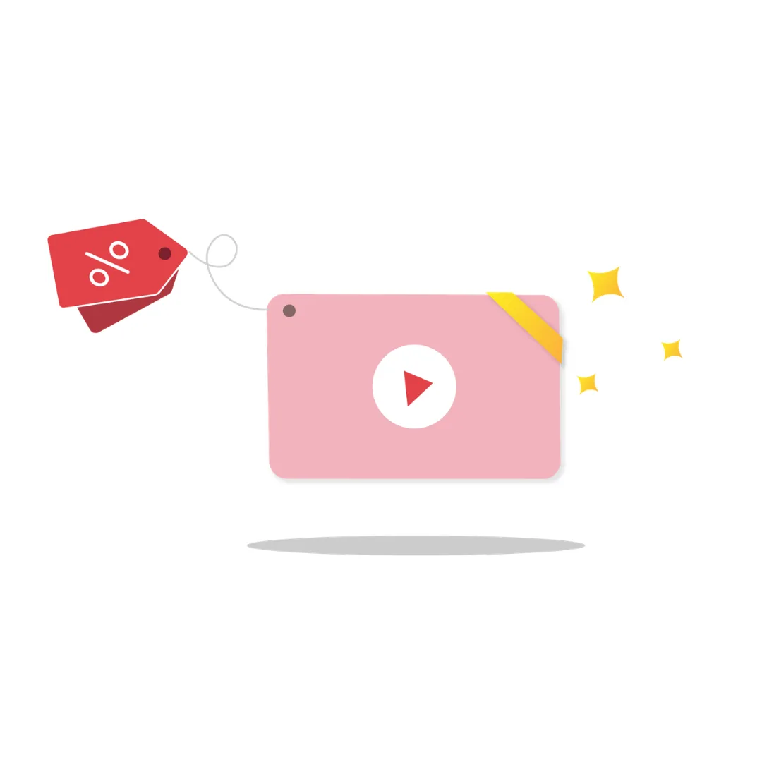 A pink illustration of a video-play card with a red discount tag and sparkles