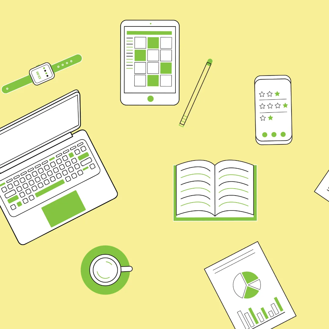 A green flat icon illustration of a desk layout on a yellow background: laptop, tablet with a task grid, smartwatch, phone with star ratings, open book, coffee cup, and a report with a pie chart