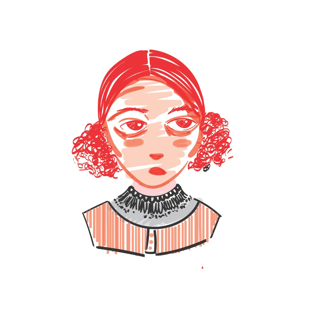 A red-toned digital sketch portrait of a person with curly pigtails and a ruffled collar