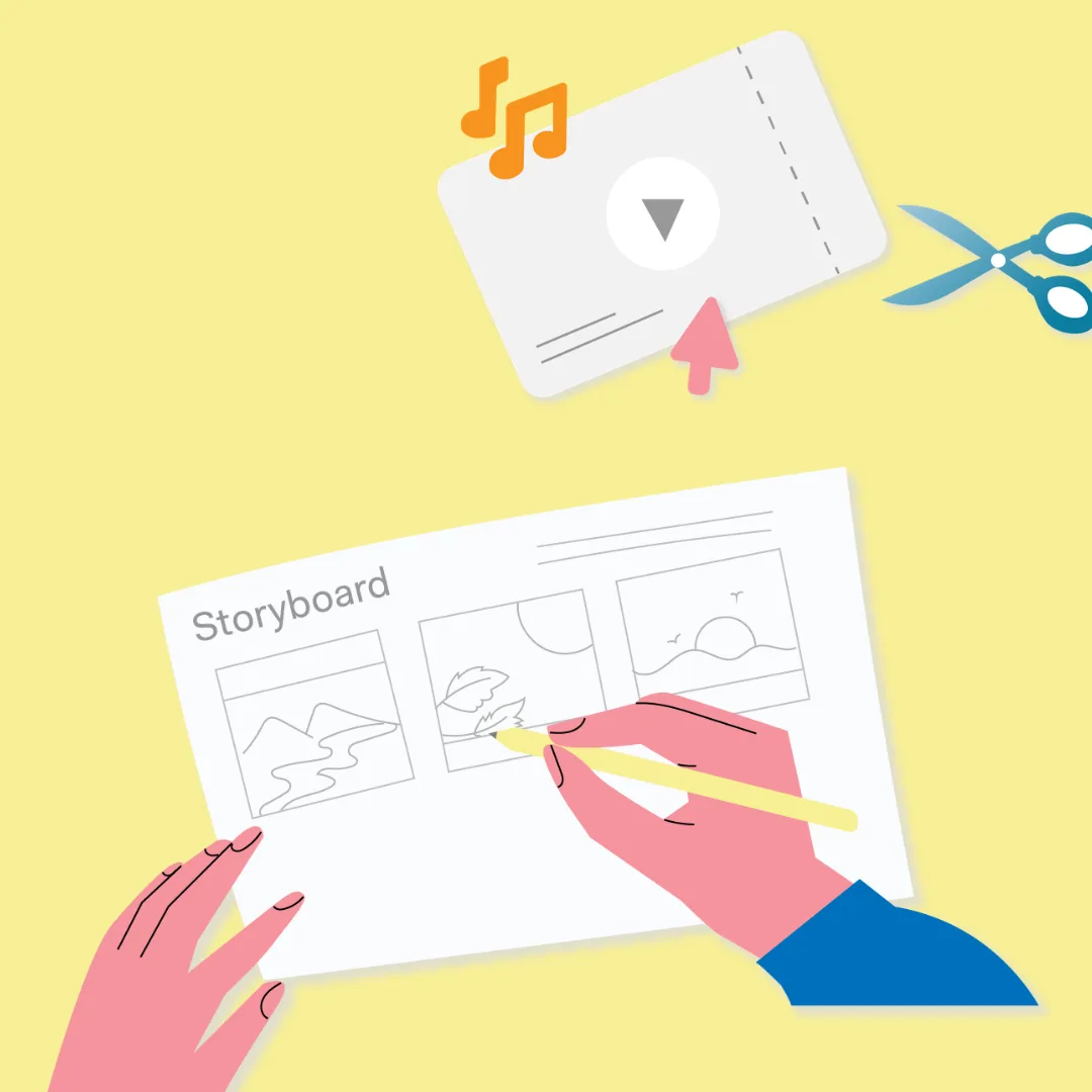 Illustration of two hands sketching a storyboard on a yellow background, with a film clip, scissors, and music notes above