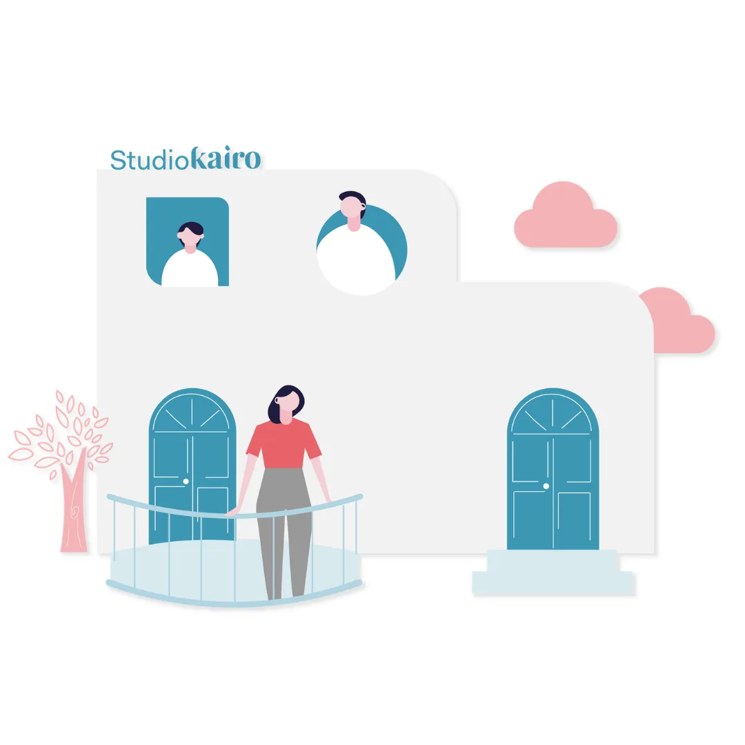 An illustration of a building labeled "Studio kairo" with two people in window portraits, a woman standing on a balcony, and clouds