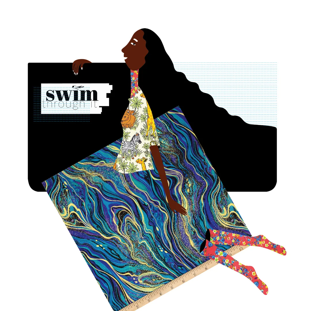 A collaged illustration of a woman in a patterned dress reclining across a swirling blue marbled surface, captioned "swim through it"