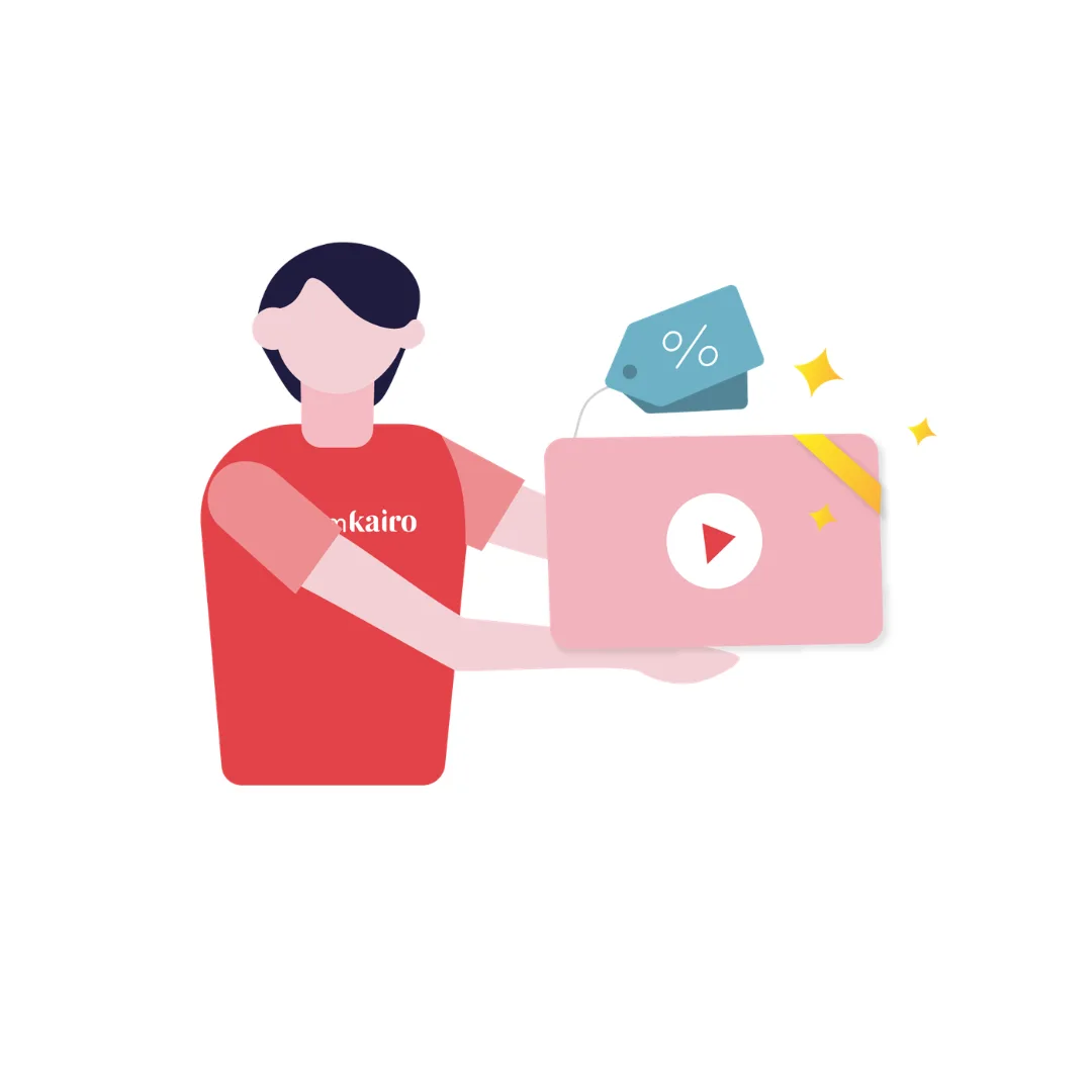 An illustration of a person in a red "teamkairo" shirt holding out a pink video-play card with a discount tag and sparkles