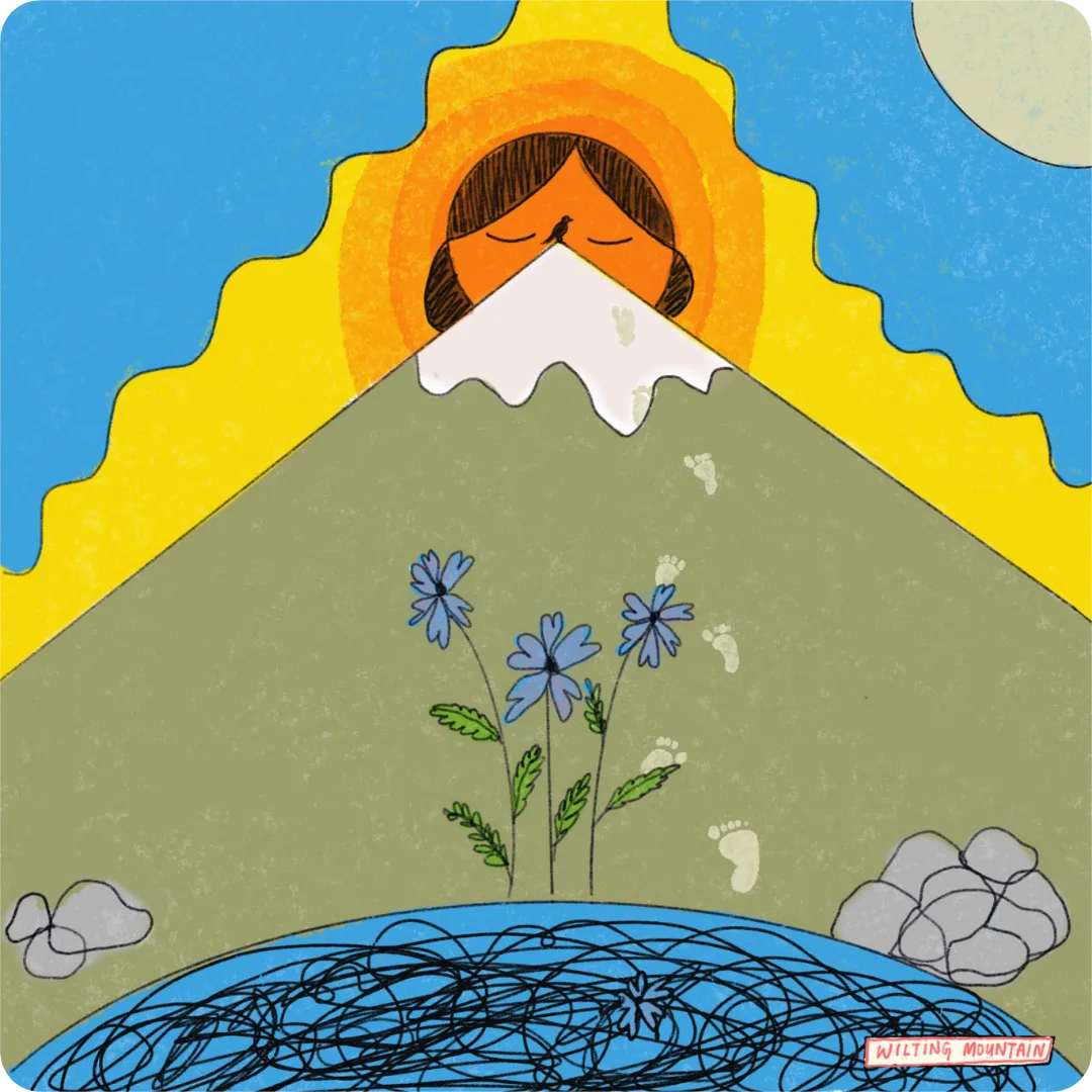 An illustration of a sun face rising behind a mountain with blue flowers and footprints, captioned "Wilting Mountain"