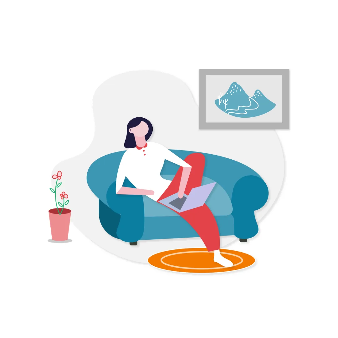 An illustration of a woman relaxing on a teal couch with a laptop, a framed mountain print on the wall, and a potted plant