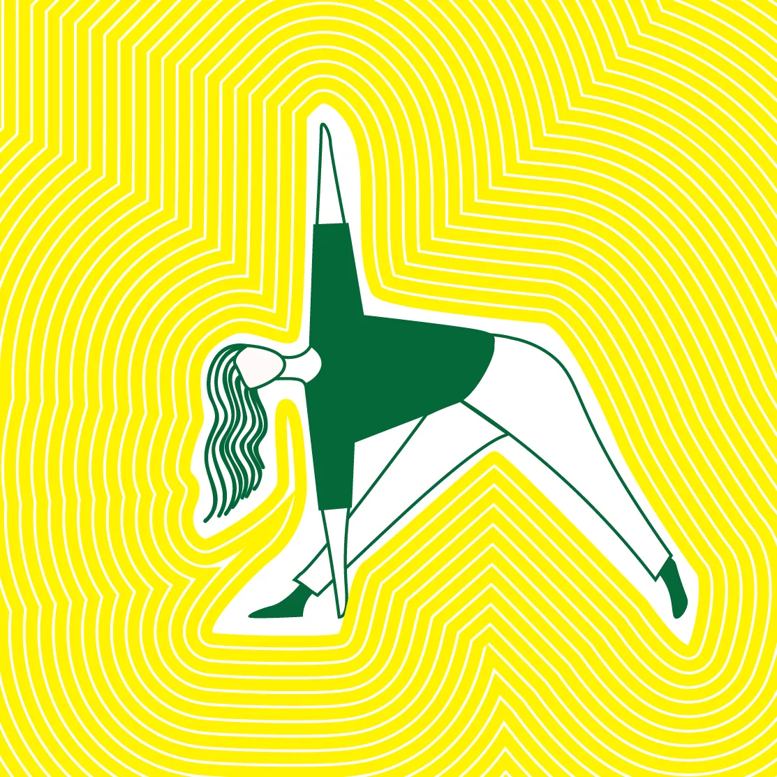 A green illustration of a woman in a yoga triangle pose against a white background with concentric zigzag lines