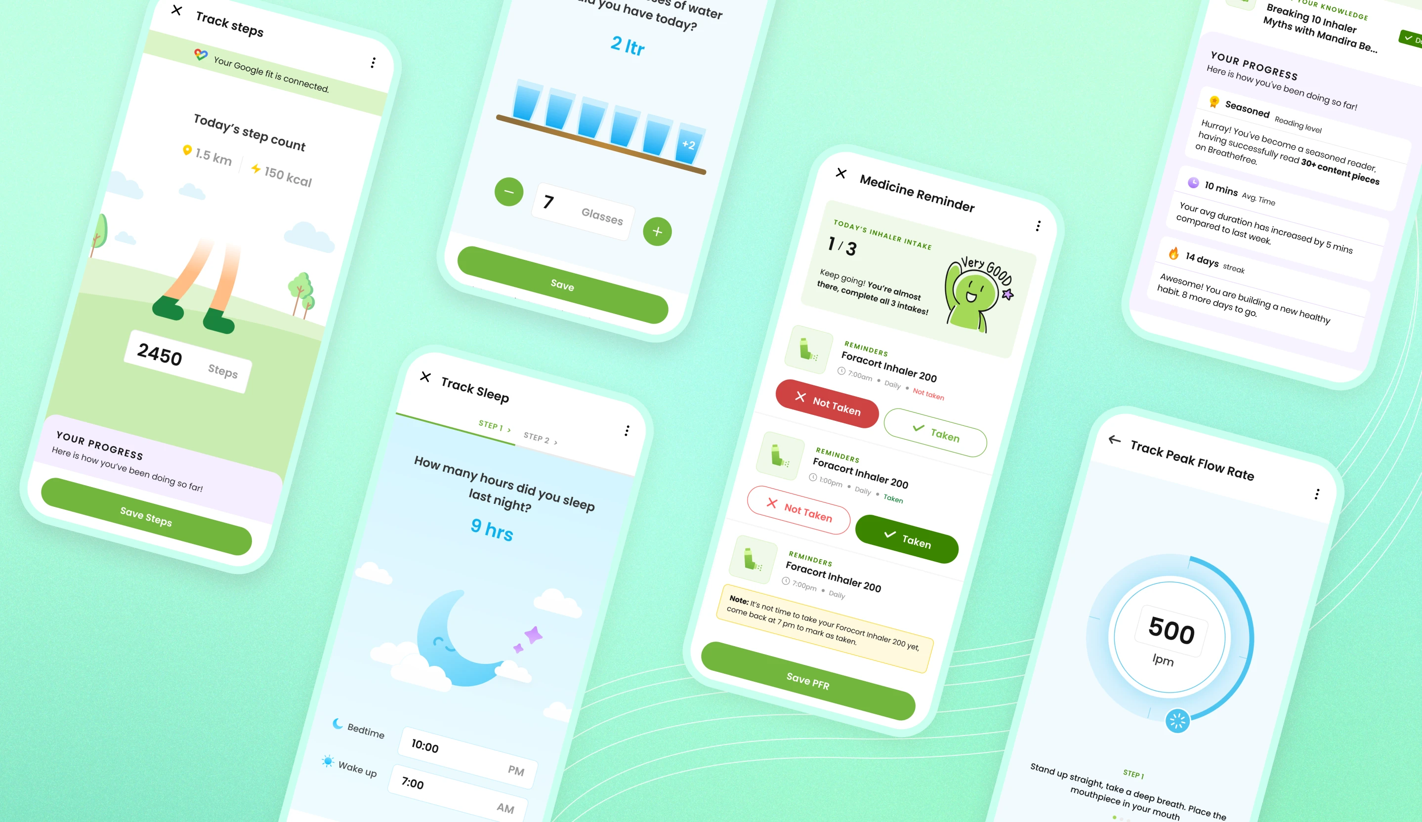 Task logging screens: Track Steps, glasses of water logged, Medicine Reminder with inhaler intake status, Track Sleep hours, knowledge content progress, and Track Peak Flow Rate