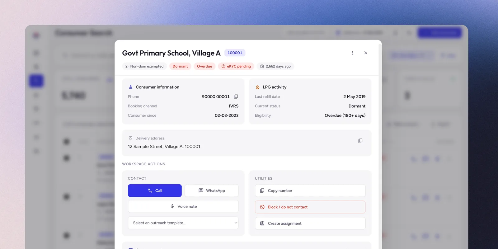Consumer detail panel showing consumer information, LPG activity, delivery address, and inline call, WhatsApp, voice note, and assignment actions