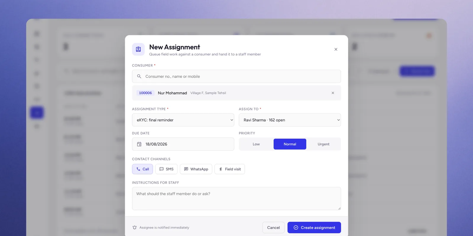New Assignment modal showing consumer lookup, assignment type, assignee, due date, priority, and contact channel selection