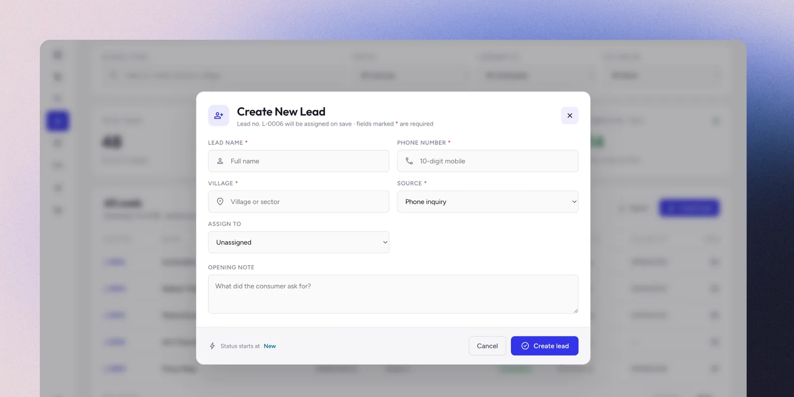 Create New Lead modal showing name, phone, village, source, assignment, and opening note fields