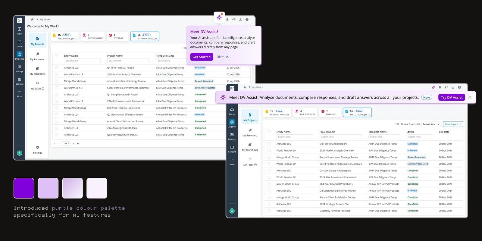 Zero states: Template Builder welcome banner and in-project pop-over introducing DV Assist