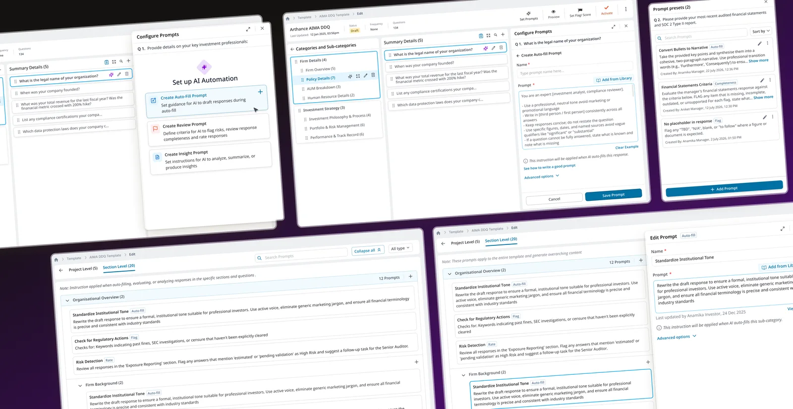 Template Builder: Set up AI Automation with Auto-Fill, Review, and Insight prompts; Configure Prompts panel with prompt presets library; Section Level prompt library with Standardize Institutional Tone, Check for Regulatory Actions, and Risk Detection prompts; Edit Prompt panel
