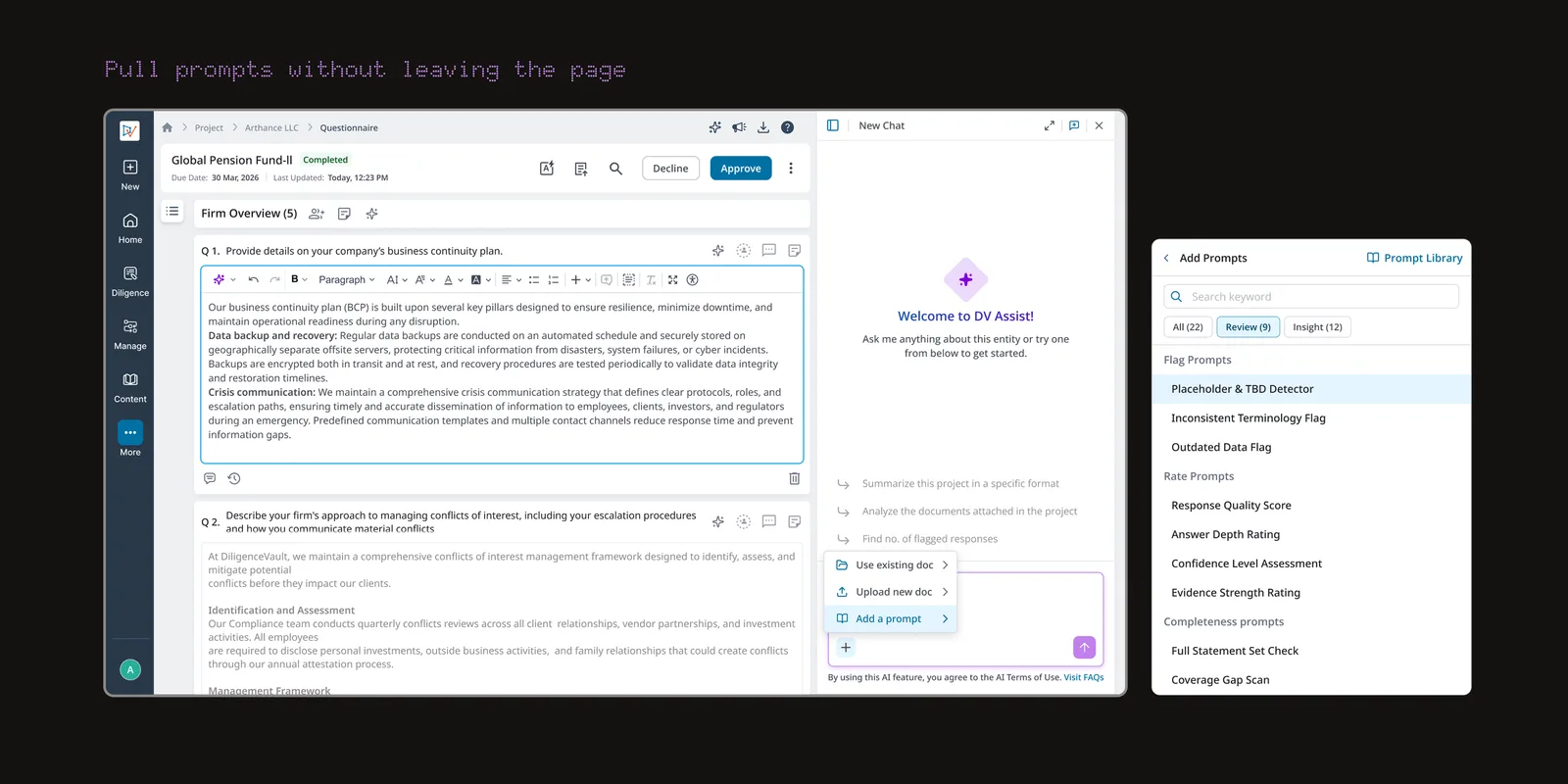 Investor view: DV Assist side panel with attachments, project prompts, and Prompt Library access