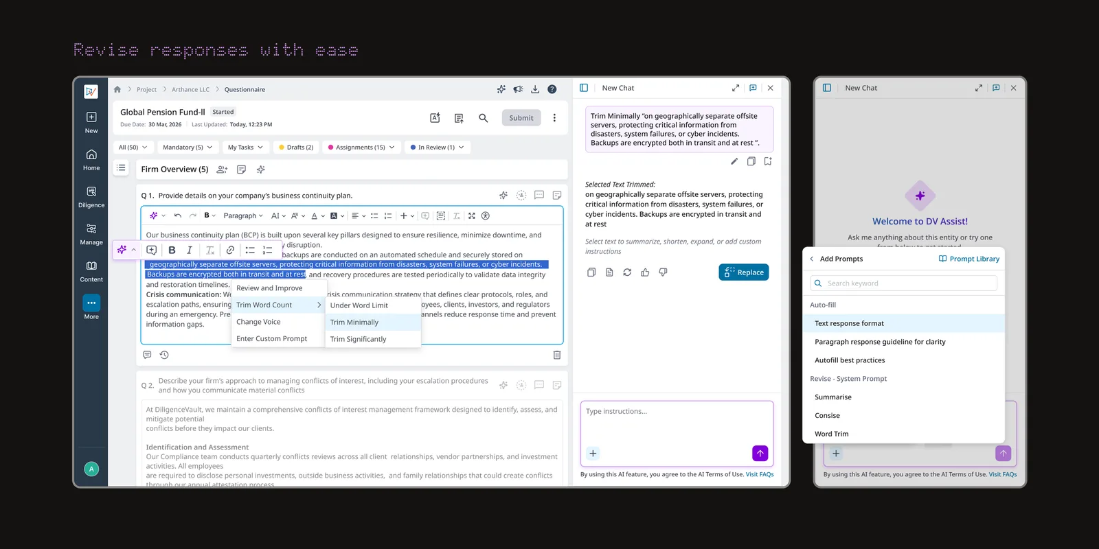 Manager view: DV Assist side panel revising a response in place, with Trim Word Count and Add Prompts options