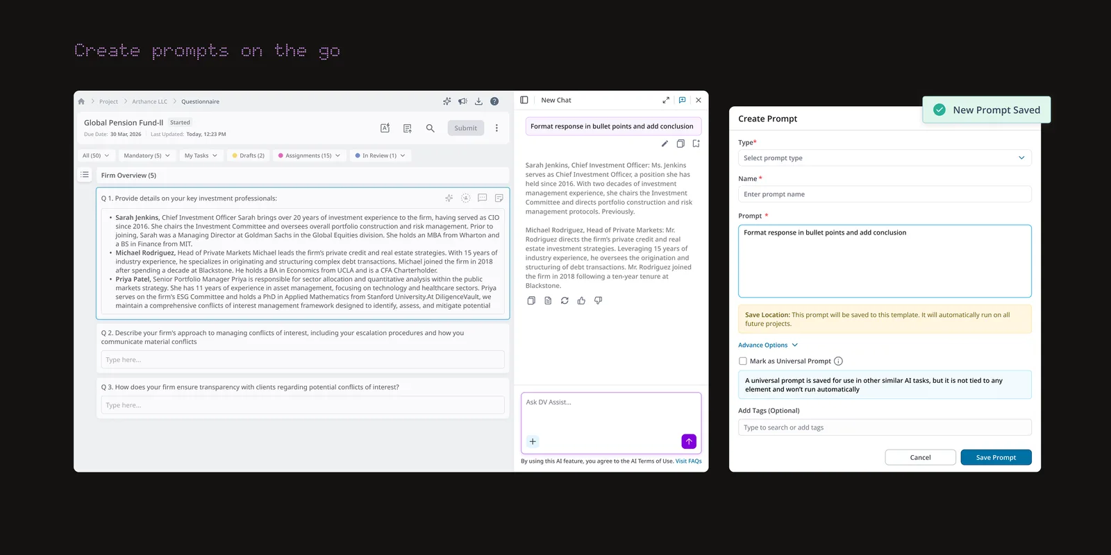 Create Prompt panel opened directly from a DV Assist chat response, saving a new prompt without leaving the project