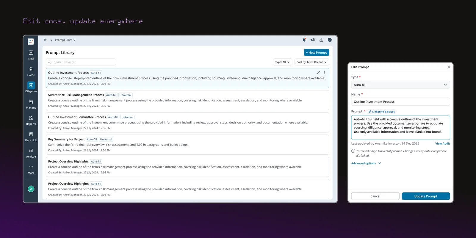 Edit Prompt panel: updating a Universal prompt linked to 8 places in the Prompt Library