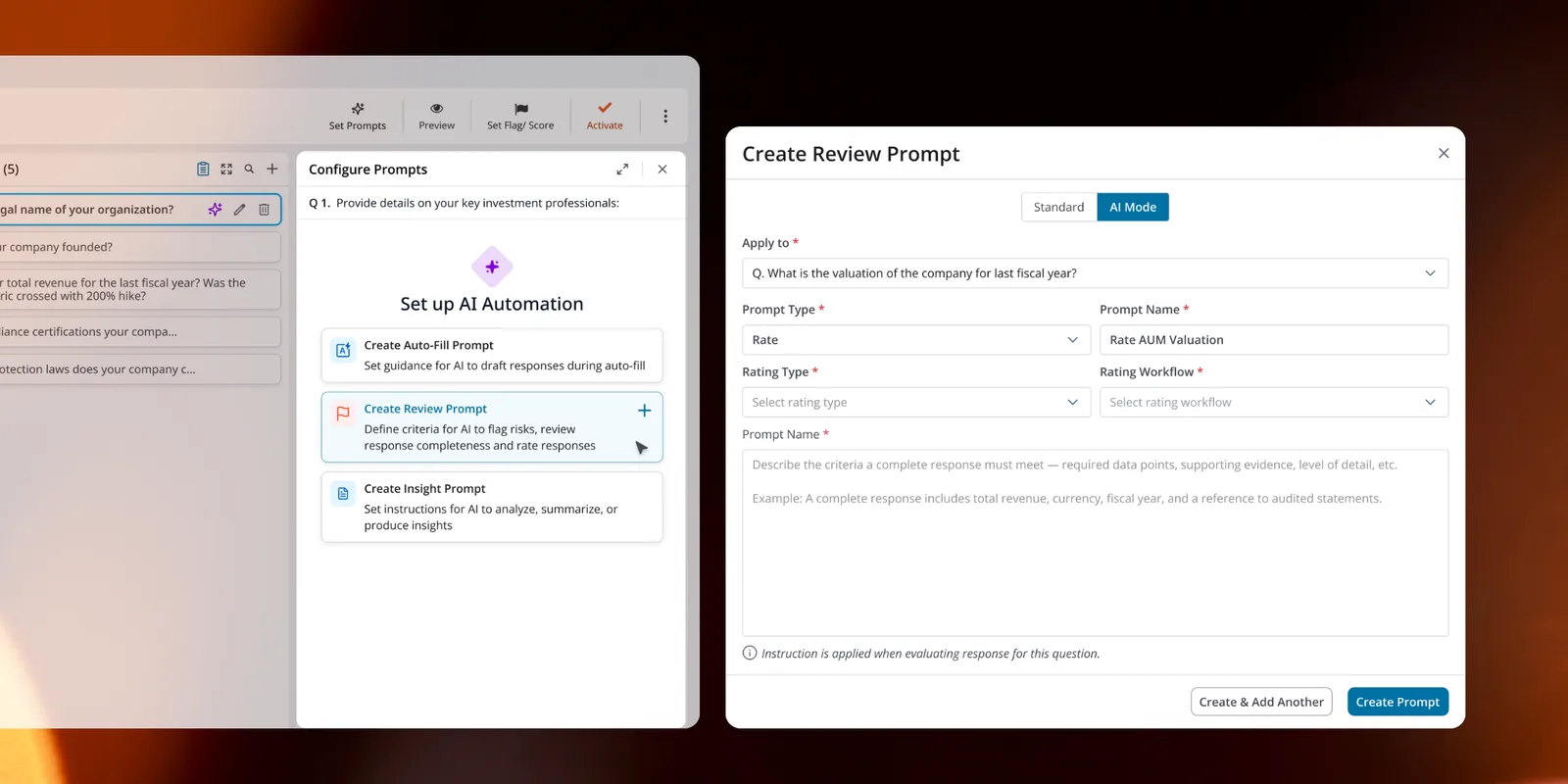 Configure Prompts panel with Set up AI Automation options for Auto-Fill, Review, and Insight prompts, next to the Create Review Prompt modal showing Standard and AI Mode, applied to a specific question, with rating type, workflow, and prompt name fields