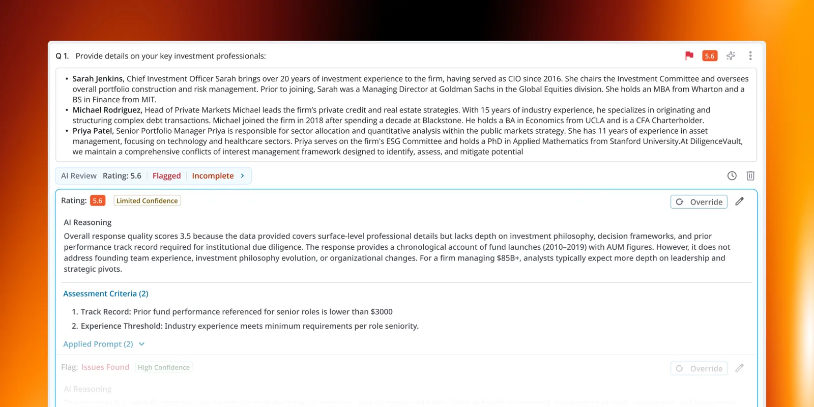 Question-level AI evaluation: a rating with limited confidence, expandable AI reasoning, and the assessment criteria the AI evaluated against, alongside the flag status