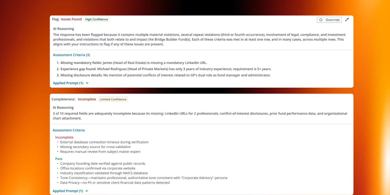 Question-level flag and completeness evaluation: an issues-found flag with its assessment criteria, and a completeness rating listing which required fields passed and which are still incomplete