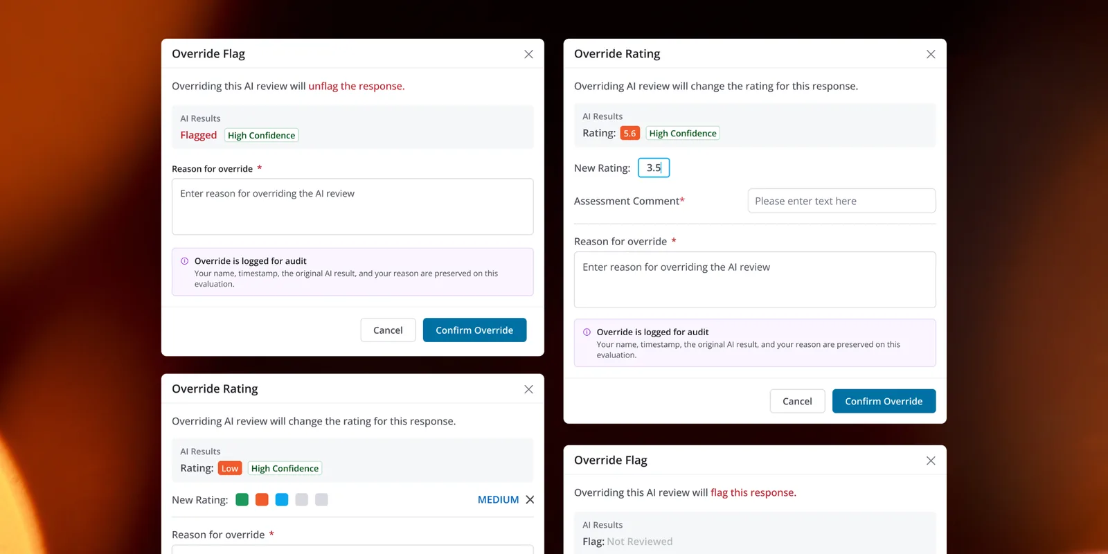 Override modals for flag and rating: overriding the AI review unflags or reflags a response, or changes its rating, with a required reason for override and a note that the override is logged for audit