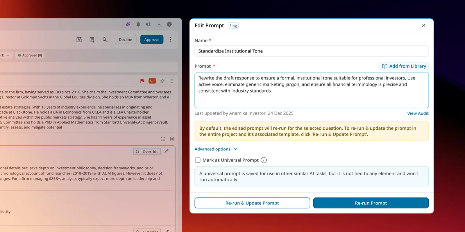 Edit Prompt modal showing the named prompt text, an option to re-run for the selected question or re-run and update it across the entire project and template, and advanced options including marking it a universal prompt