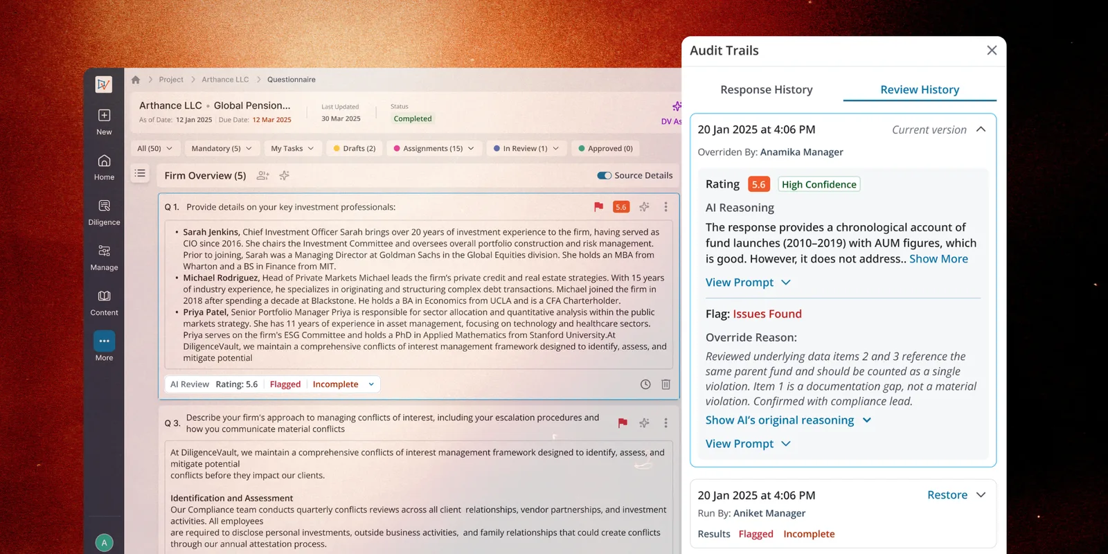 Questionnaire response panel next to an Audit Trails panel showing Review History: current version overridden by a manager, with the original AI rating and reasoning, the new flag status, the override reason, and an option to reveal the AI's original reasoning